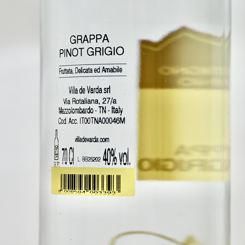 Grappa - Giovane Villa 40% De Grigio Varda Pinot 70cl / 